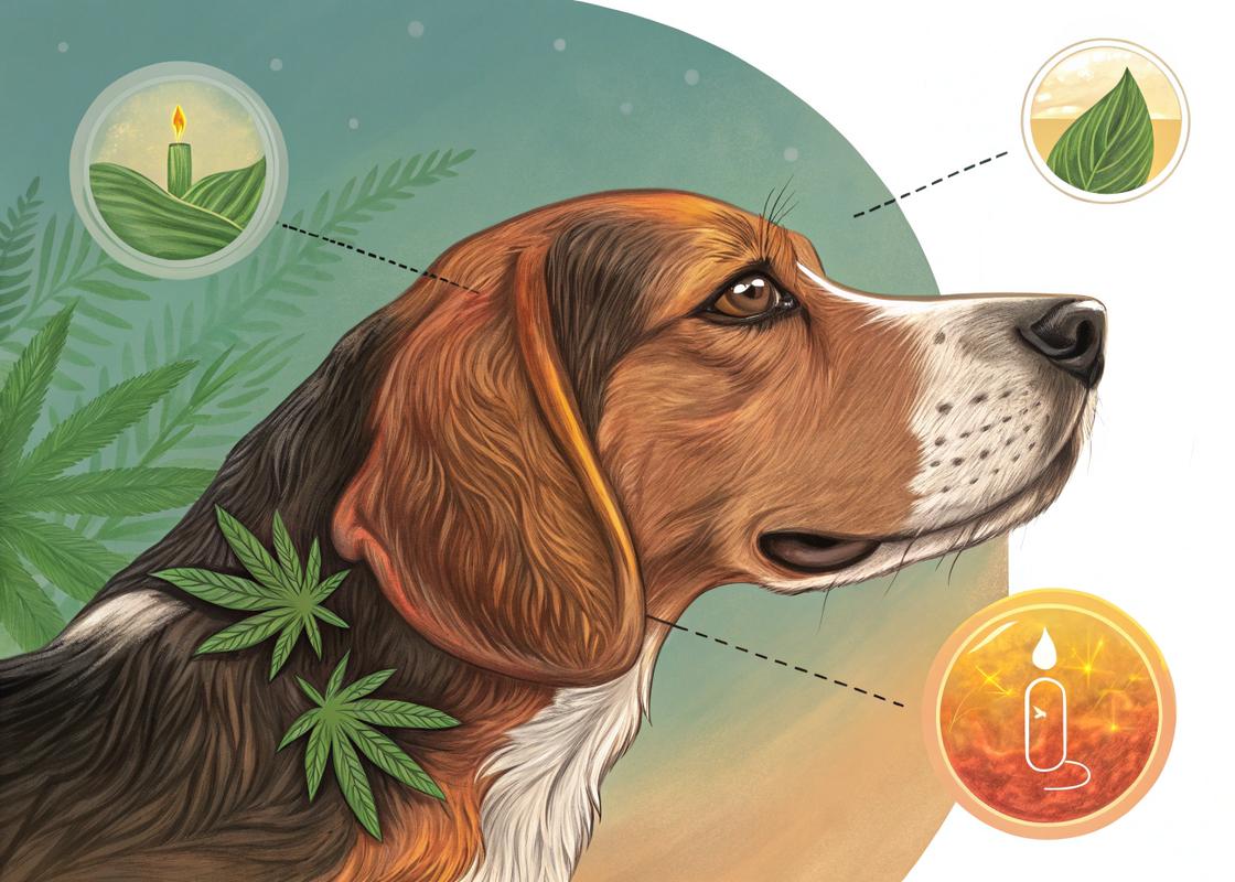 Illustration détaillée montrant l'amélioration des couches de peau d’un chien grâce à l’huile de chanvre, avec une transformation visible de peau sèche et irritée vers une peau lisse et nourrie, illustrée en style scientifique et artistique avec des textures riches peintes numériquement.