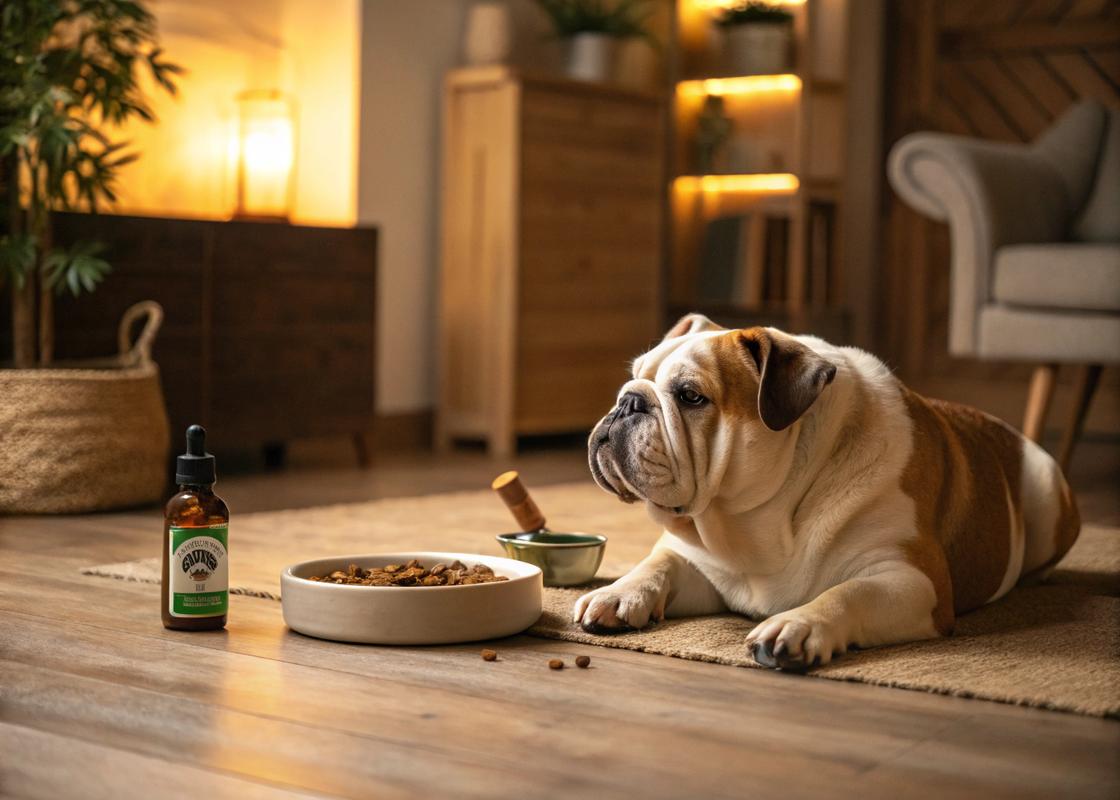 Un bulldog paisible se repose à l'intérieur d'une maison chaleureuse aux tons bois naturels, avec des gouttes d'huile de chanvre ajoutées dans son bol de nourriture.