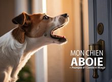 Chien brun et blanc aboyant intensément vers une porte avec un éclairage dramatique et un texte 'Mon chien aboie : pourquoi et comment réagir'