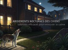 Un chien aboyant dans un jardin suburbain sous la lumière de la lune, avec des fenêtes éclairées en arrière-plan et un texte élégant indiquant des solutions contre les aboiements nocturnes