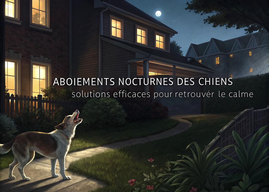 Un chien aboyant dans un jardin suburbain sous la lumière de la lune, avec des fenêtes éclairées en arrière-plan et un texte élégant indiquant des solutions contre les aboiements nocturnes