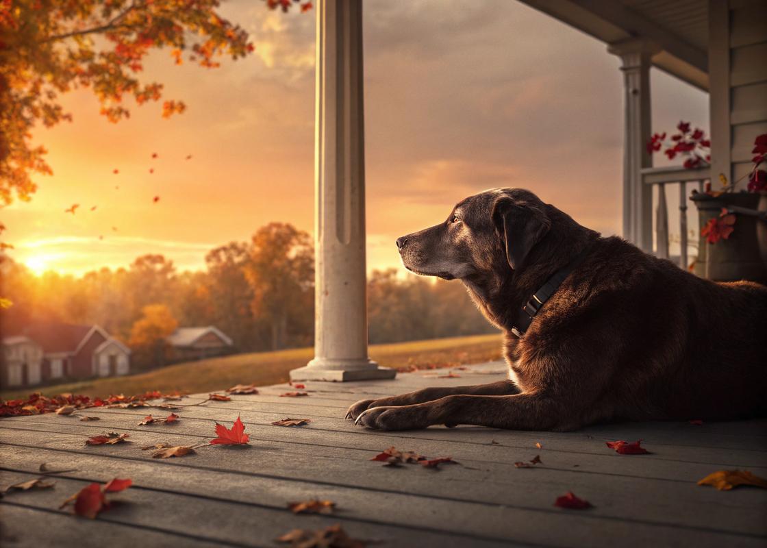 Un chien âgé au pelage brillant se repose sur une véranda pendant un coucher de soleil automnal, entouré de feuilles mortes.