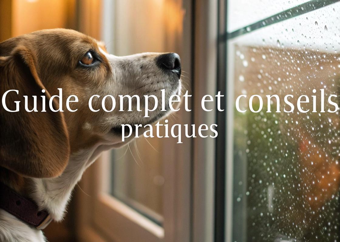 Chien anxieux regardant à travers une fenêtre avec des gouttes de pluie, éclairage doux à l'intérieur, texte 'Guide Complet et Conseils Pratiques' inscrit sur la vitre.