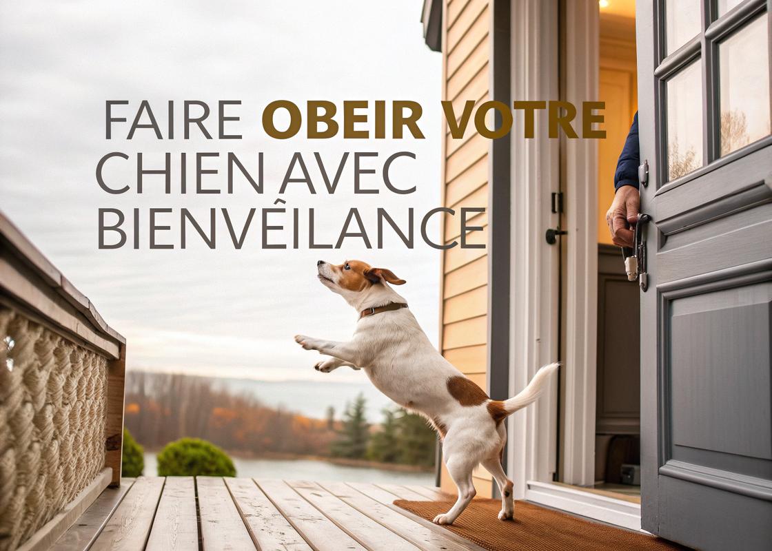 Un chien joyeux sautant vers un visiteur dans une entrée chaleureuse, avec un texte français motivant 'Faire obéir votre chien avec bienveillance' sur fond en bois.