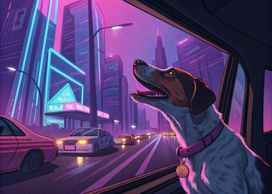Chien vibrant dans un univers cyberpunk, aboyant face à des lumières néon et des ombres projetées par des voitures futuristes dans une ville technologique.