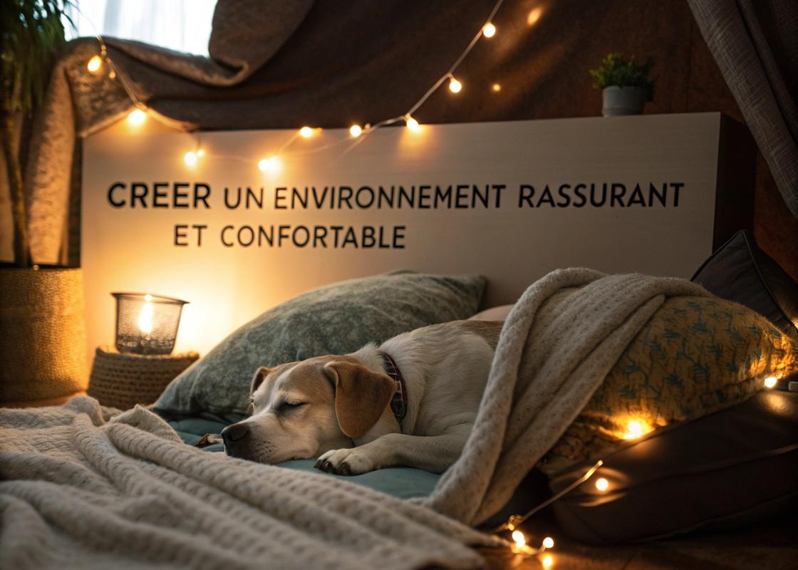 Un chien paisiblement endormi dans un coin douillet du salon avec ambiance tamisée et textures douces.