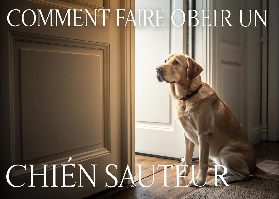 Chien bien dressé assis près d'une porte dans une pièce minimaliste, avec un texte en français 'Éducation canine pour chiens sauteurs'