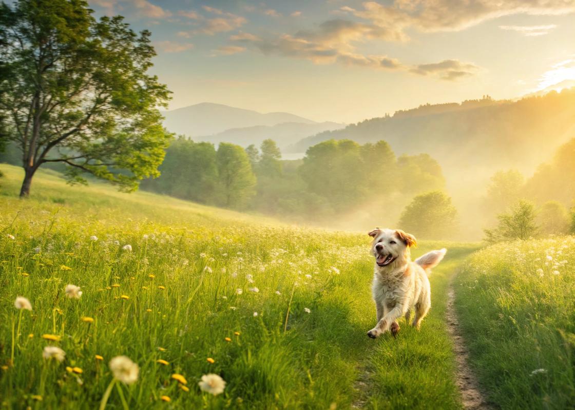 Chien énergique au pelage brillant jouant dans une prairie ensoleillée avec une texture de fourrure détaillée et une atmosphère rêveuse.