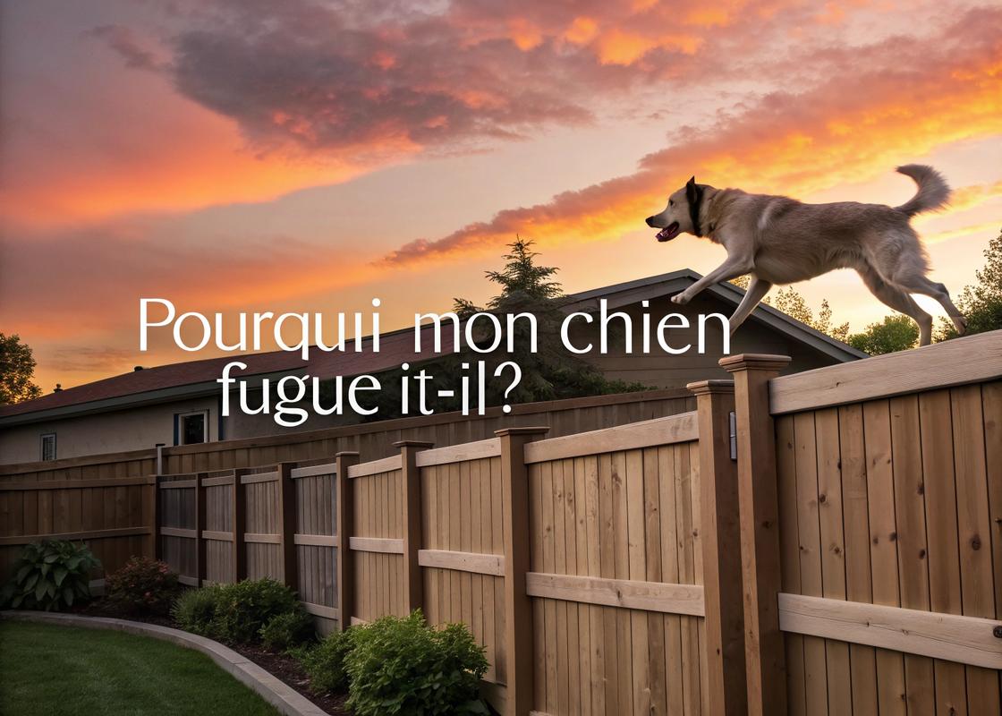 Un chien s'échappant par-dessus une clôture en bois dans un jardin suburbain au crépuscule, sous un ciel illuminé par le soleil couchant, avec une texture détaillée sur la clôture et le pelage du chien, et un texte en français 'Pourquoi mon chien fugue-t-il ?' en typographie élégante.