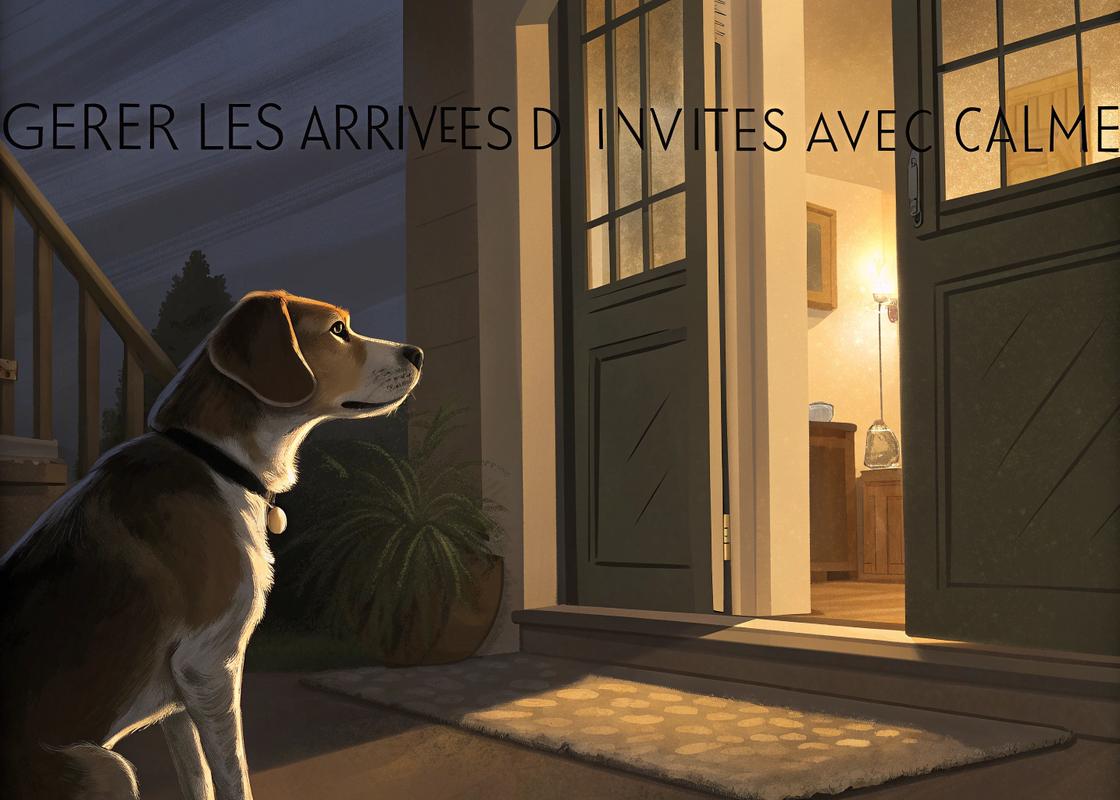 Un chien observant calmement des visiteurs entrer dans une maison, éclairage chaleureux et ambiance harmonieuse, texte 'Gérer les arrivées d’invités avec calme' intégré.