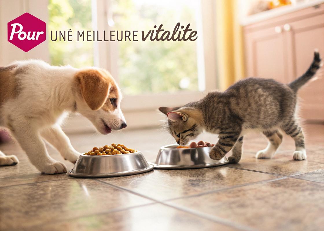 Un chiot joueur et un chaton mangent ensemble dans des bols séparés remplis de croquettes sans céréales, dans une cuisine ensoleillée avec une lumière cinématographique.