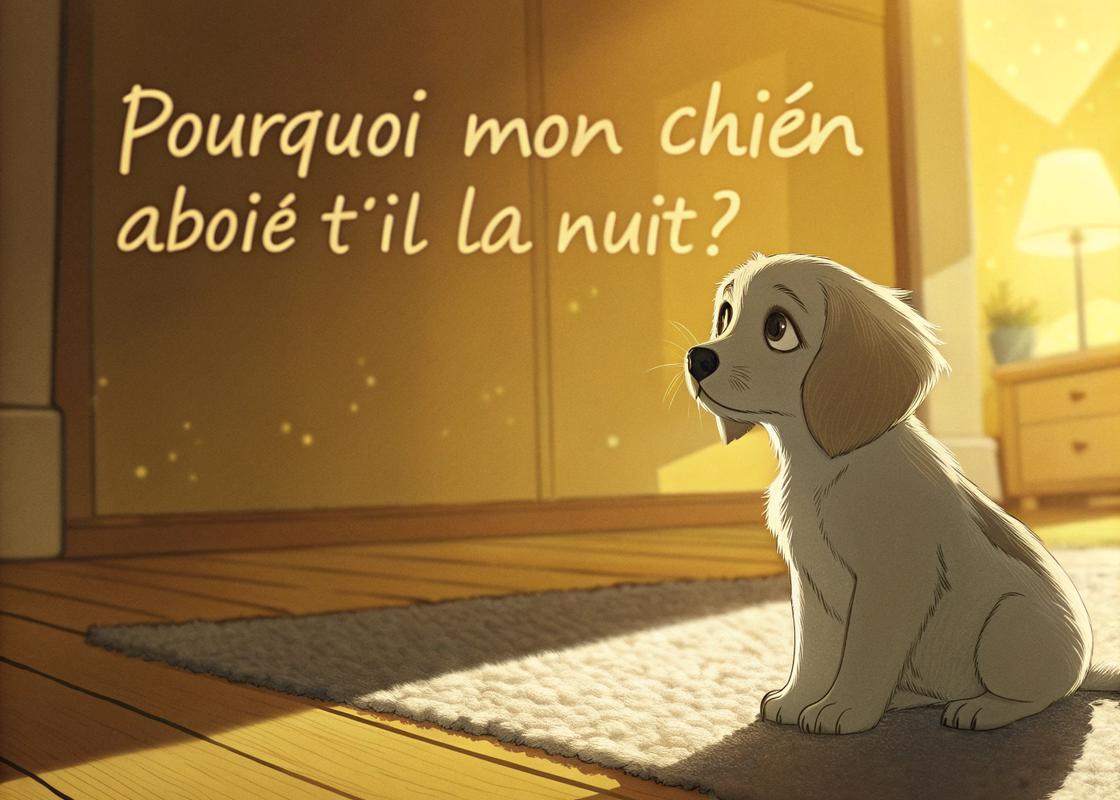Un chiot solitaire assis sur un tapis douillet à l'intérieur, sous une lumière jaune chaude, l'air attentif comme s'il entendait un bruit.