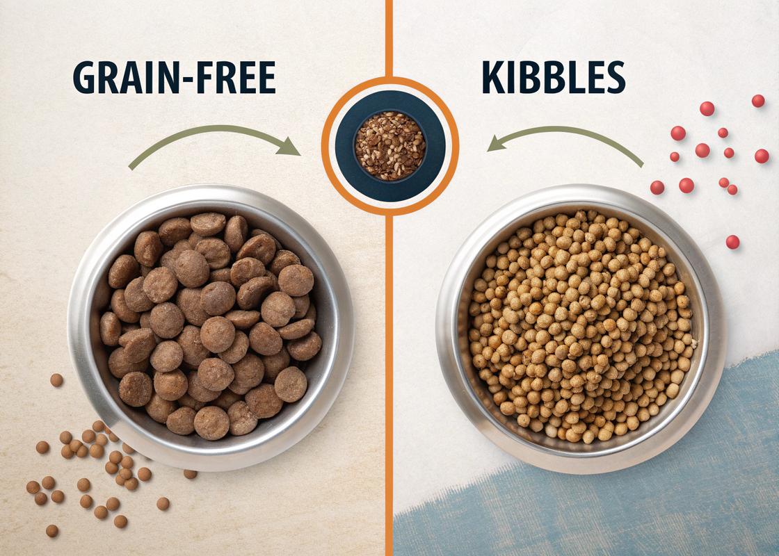 Comparaison côte à côte des croquettes sans grains et régulières sous forme d'infographie moderne avec détails microscopiques des ingrédients et faits nutritionnels en typographie audacieuse