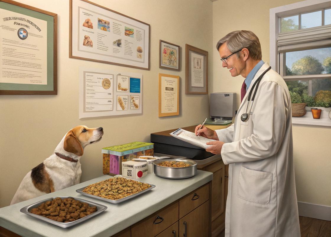 Un vétérinaire explique les bienfaits des croquettes sans céréales à un propriétaire d'animal dans une salle de consultation professionnelle, avec des échantillons de nourriture sur la table et des certificats médicaux au mur.
