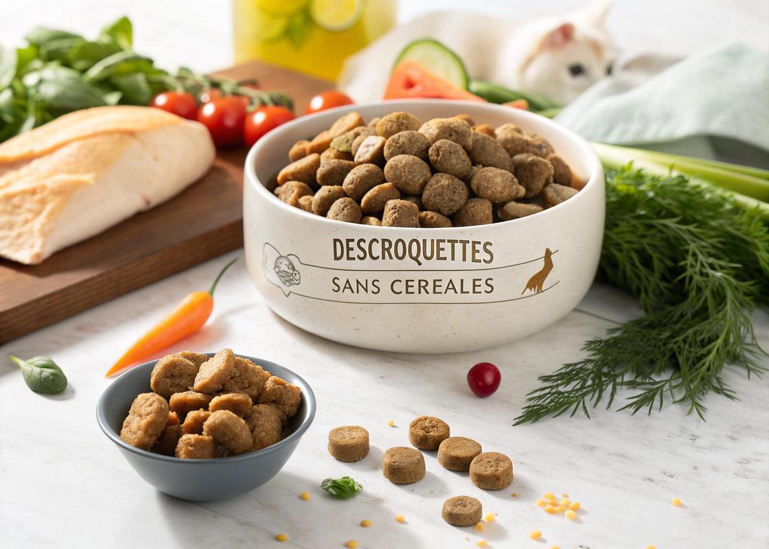 Croquettes premium sans céréales dans un bol en céramique entouré de légumes frais et de poitrine de poulet, avec texte en français 'Bienfaits des croquettes sans céréales'.