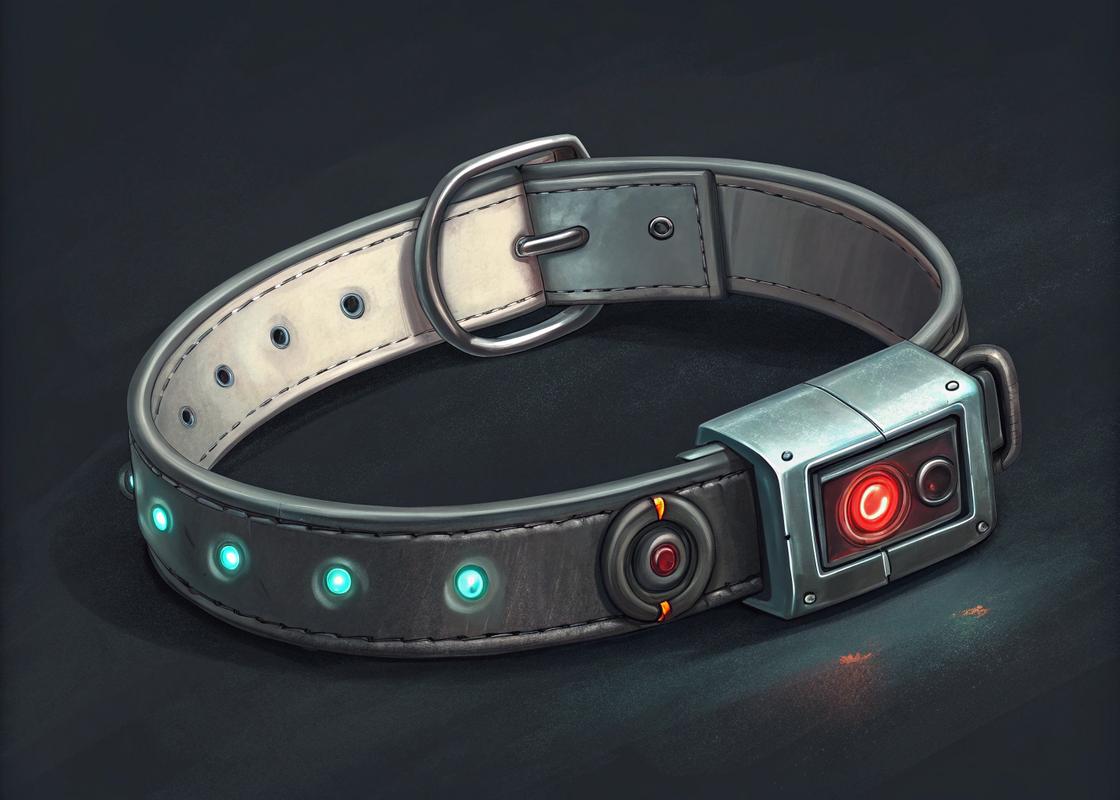 Dispositif anti-fugue au design moderne et épuré, avec voyants LED lumineux et textures métalliques, inspiré par une esthétique cyberpunk.