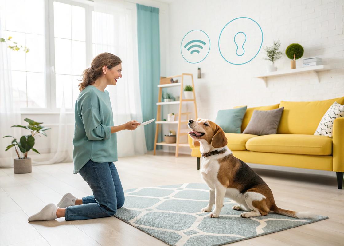 Chien attentif en entraînement à la maison avec une ambiance vibrante et séréne, sous un éclairage doux mettant en valeur son expression joyeuse.