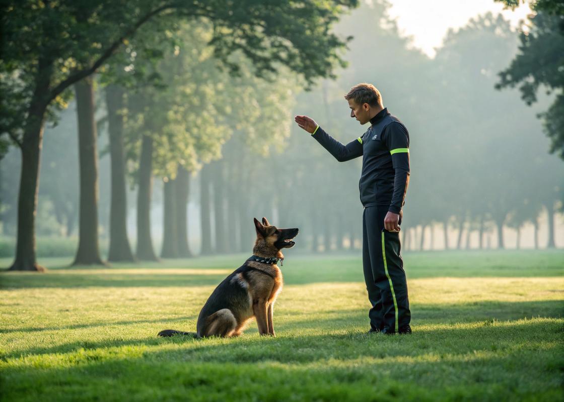 Dresseur professionnel donnant des commandes à un berger allemand attentif dans un parc avec herbe verte luxuriante et arbres sous une douce lumière matinale