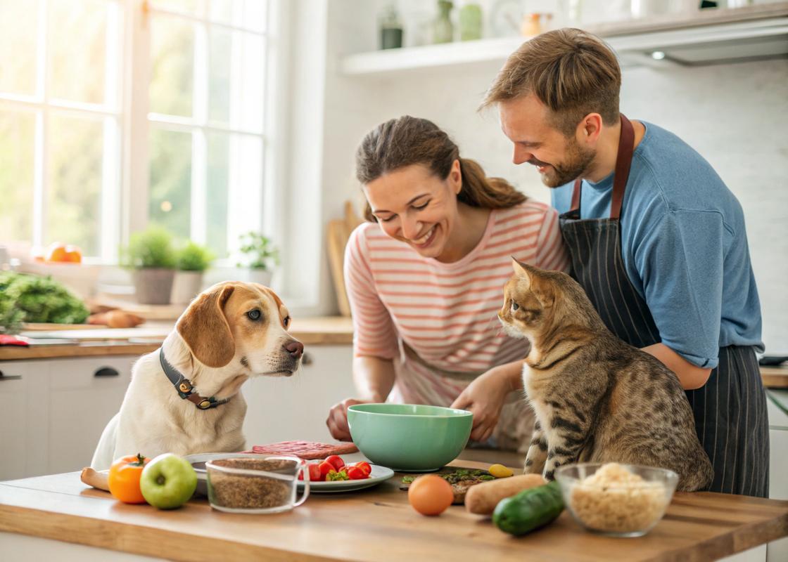 Famille joyeuse avec un chien et un chat dans une cuisine cosy, préparant des repas maison pour animaux avec des ingrédients naturels et une ambiance chaleureuse.
