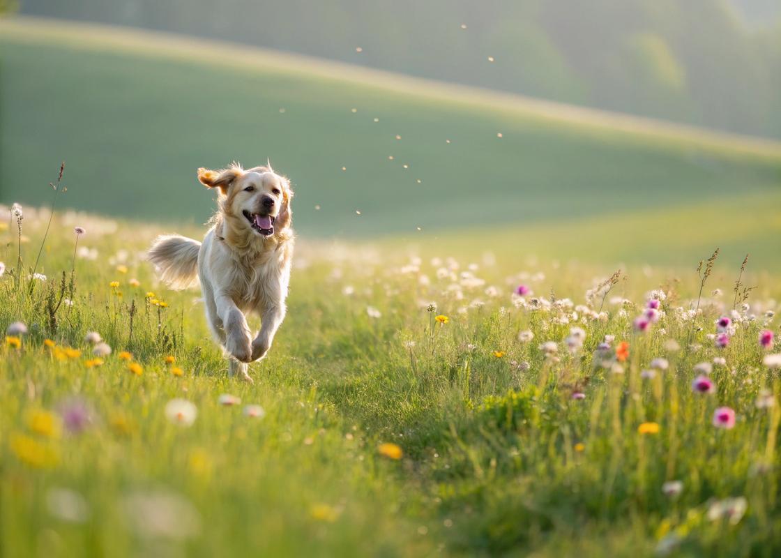 Un golden retriever jouant et courant librement dans un champ verdoyant parsemé de fleurs sauvages sous une lumière vive et dynamique.