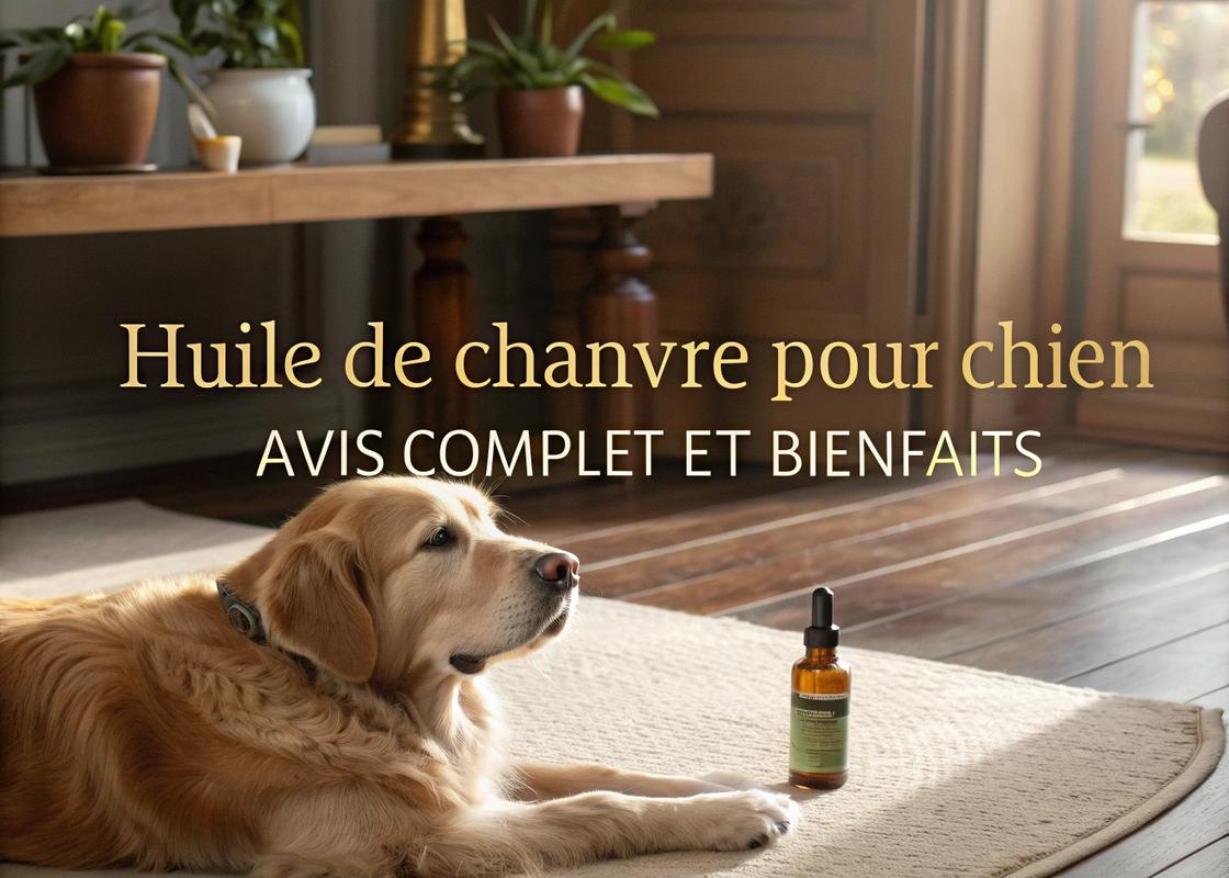 Un golden retriever confortablement allongé sur un tapis doux avec une petite bouteille d'huile de chanvre de haute qualité sur une table en bois près de lui.