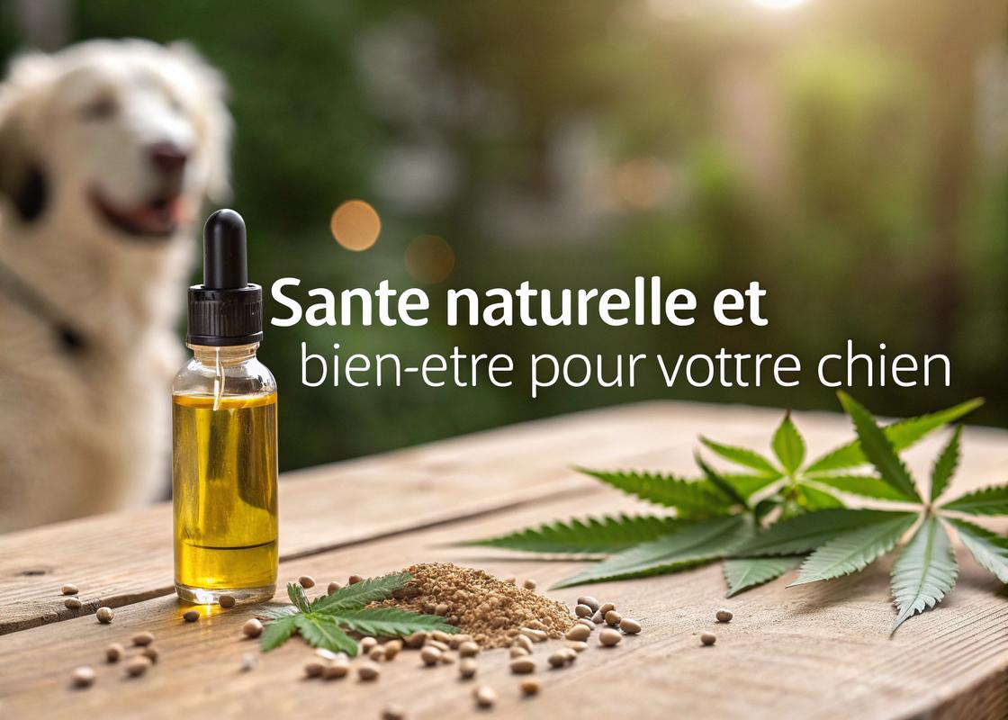 Bouteille d'huile de chanvre bio entourée de feuilles de chanvre et de graines de lin sur une table en bois avec un chien flou en arrière-plan et texte Santé naturelle et bien-être pour votre chien