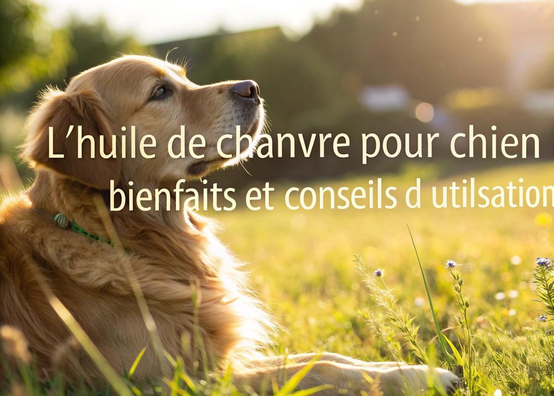 Un golden retriever au pelage brillant et en bonne santé est allongé dans un champ herbeux éclairé par la lumière du soleil, avec un compte-gouttes d'huile de chanvre en focus à côté de lui, accompagné du texte 'L'huile de chanvre pour chien : Bienfaits et conseils d’utilisation'