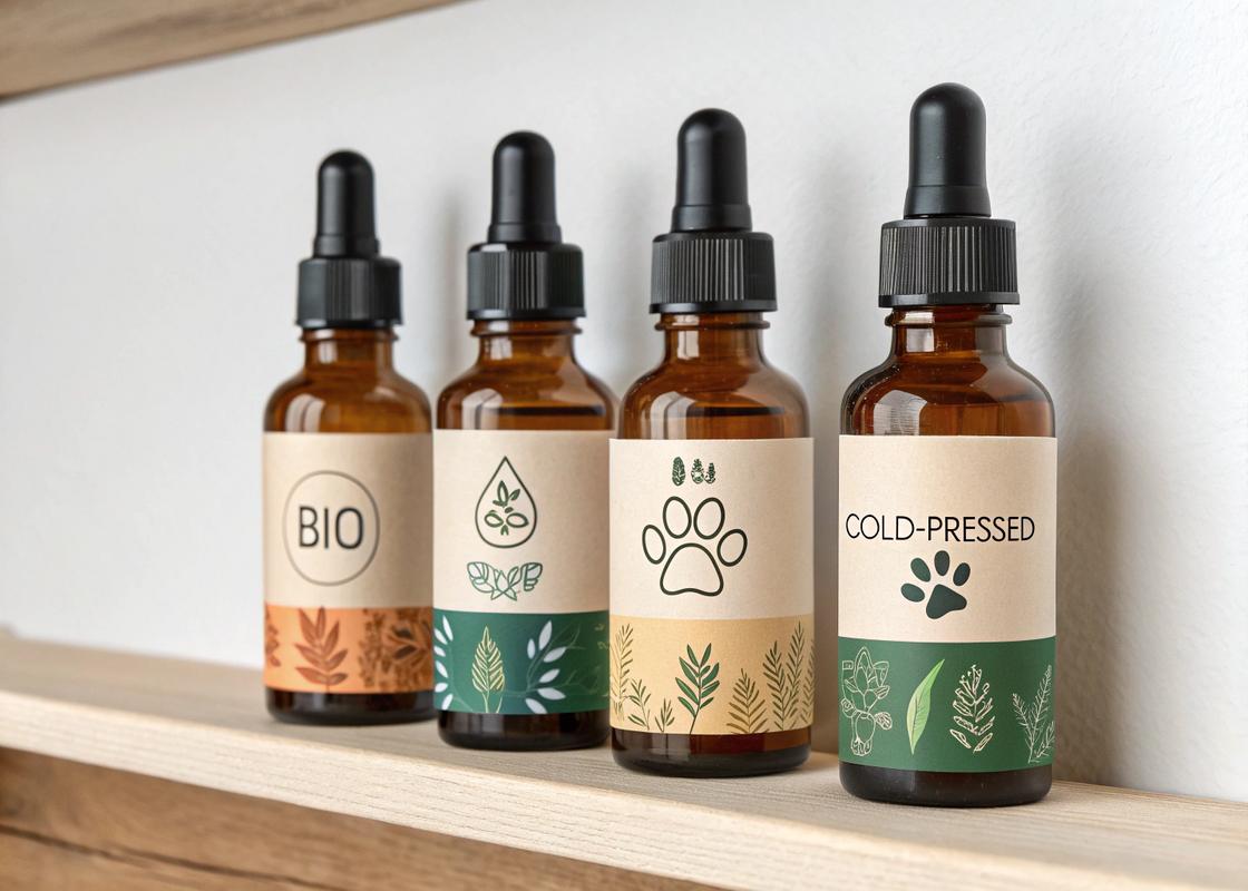 Étagère bien rangée présentant des flacons d'huiles de chanvre bio pour animaux, avec des labels indiquant certifications bio et pression à froid, sous un éclairage studio doux et élégant.