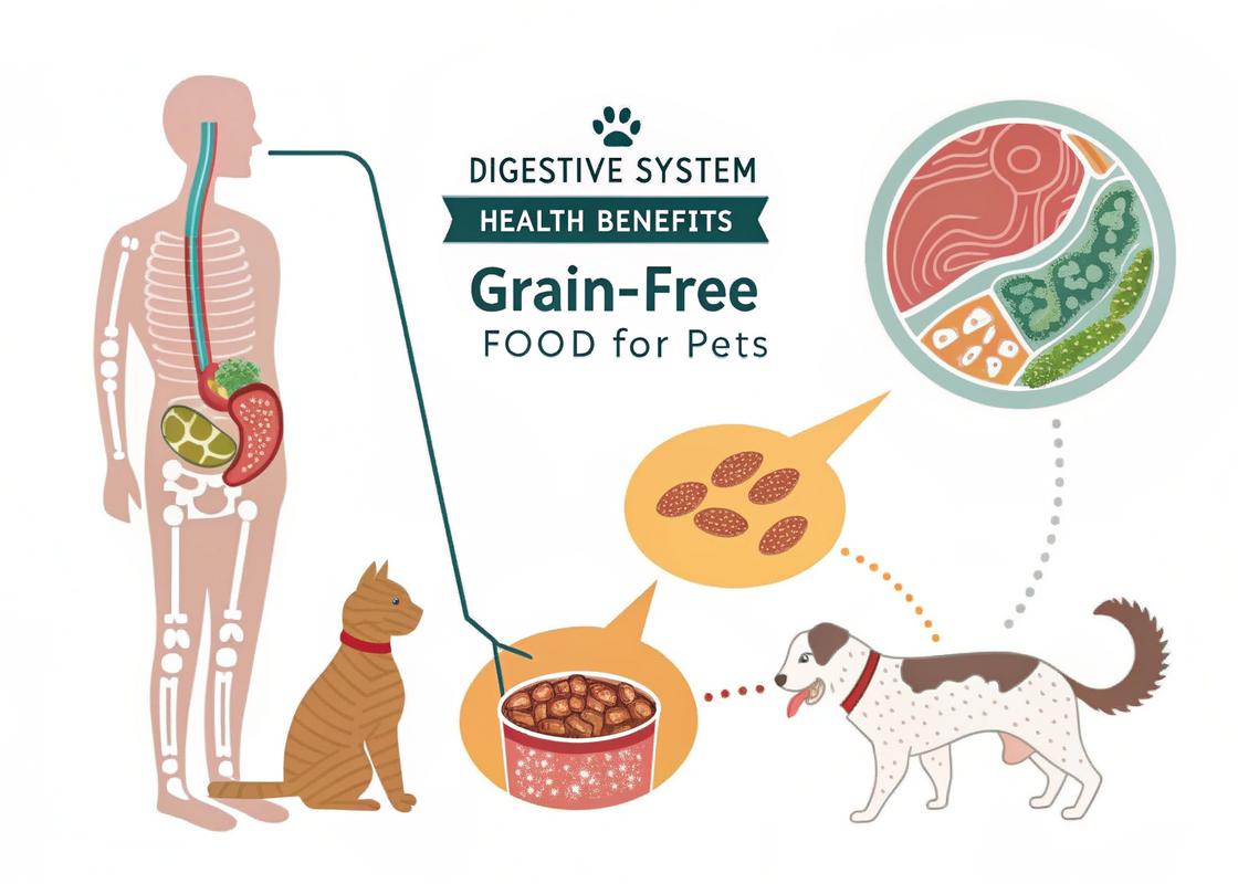 Infographie détaillée en style vectoriel plat sur les bienfaits d'une alimentation sans céréales pour la santé digestive des animaux de compagnie, avec des éléments anatomiques et un codage couleur vibrant pour les nutriments.