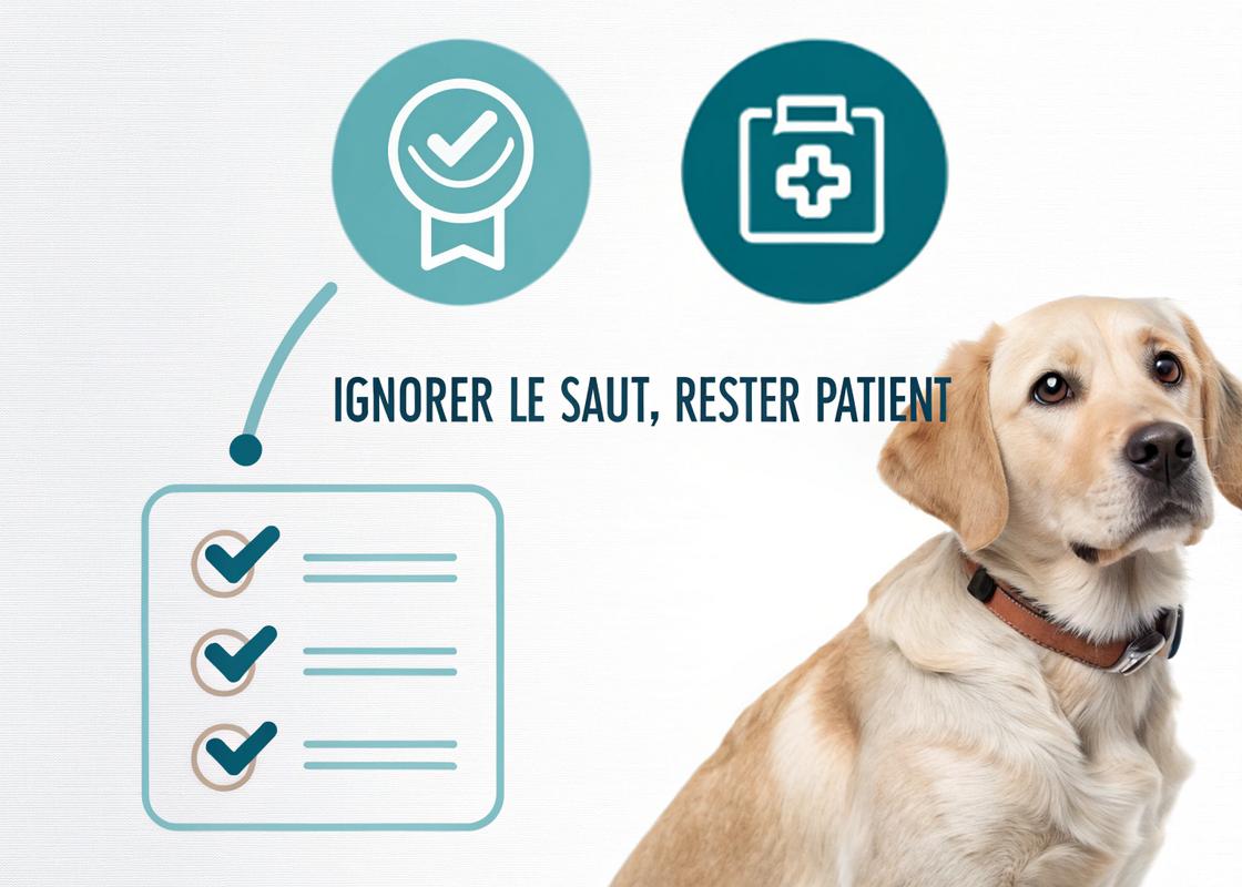 Infographie montrant un chien assis calmement, accompagné d'une checklist avec le texte 'Ignorer le saut, rester patient' en français, et d'icônes représentant le calme et l'obéissance, le tout conçu dans un style propre avec une palette de couleurs pastel.