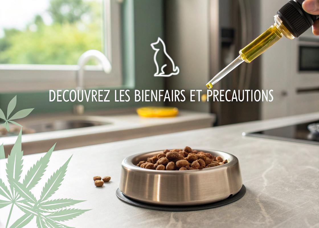 Pipette versant de l'huile de chanvre naturel dans un bol de nourriture pour chien, avec une composition dynamique et une lumière naturelle dans une cuisine moderne.
