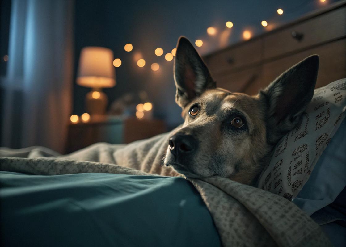 Un chien âgé au repos à côté d'un lit la nuit, l'air anxieux, avec des oreilles dressées et des yeux reflétant l'inquiétude, sous une lumière tamisée et entouré d'une couverture douce.