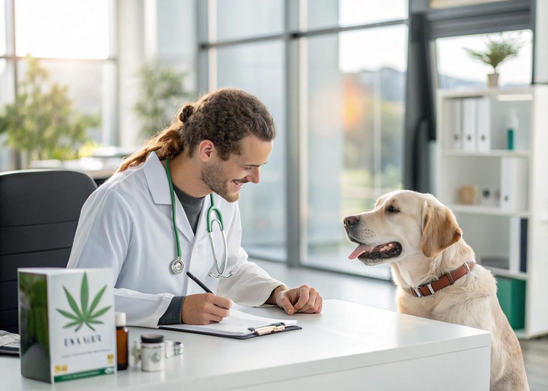 Vétérinaire discutant avec le propriétaire d'un chien à propos de l'huile de chanvre dans une clinique moderne avec une charte de dosage visible