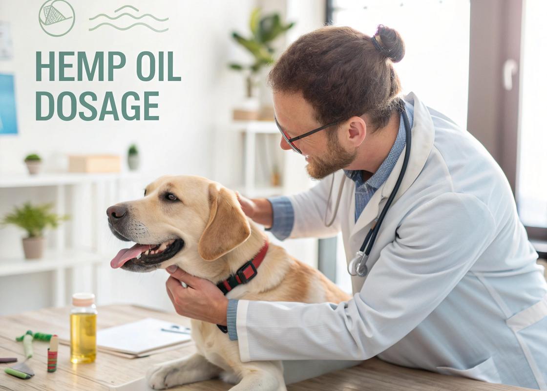 Un vétérinaire examine calmement un chien dans une clinique moderne, avec un tableau en arrière-plan présentant des recommandations de dosage pour de l'huile de chanvre.