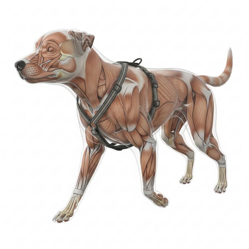 Anatomie 3D semi-transparente d'un chien en mouvement, avec les articulations des épaules rouges illustrant les points de pression d'un harnais anti-traction.