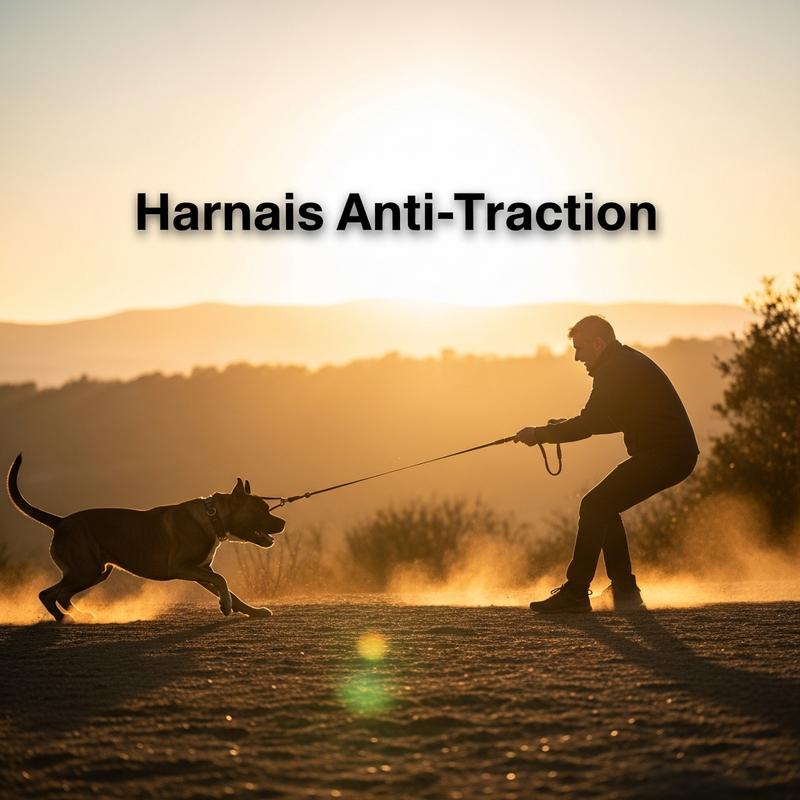 Maître luttant avec son chien qui tire sur sa laisse tendue au coucher du soleil, avec le texte central Harnais Anti-Traction