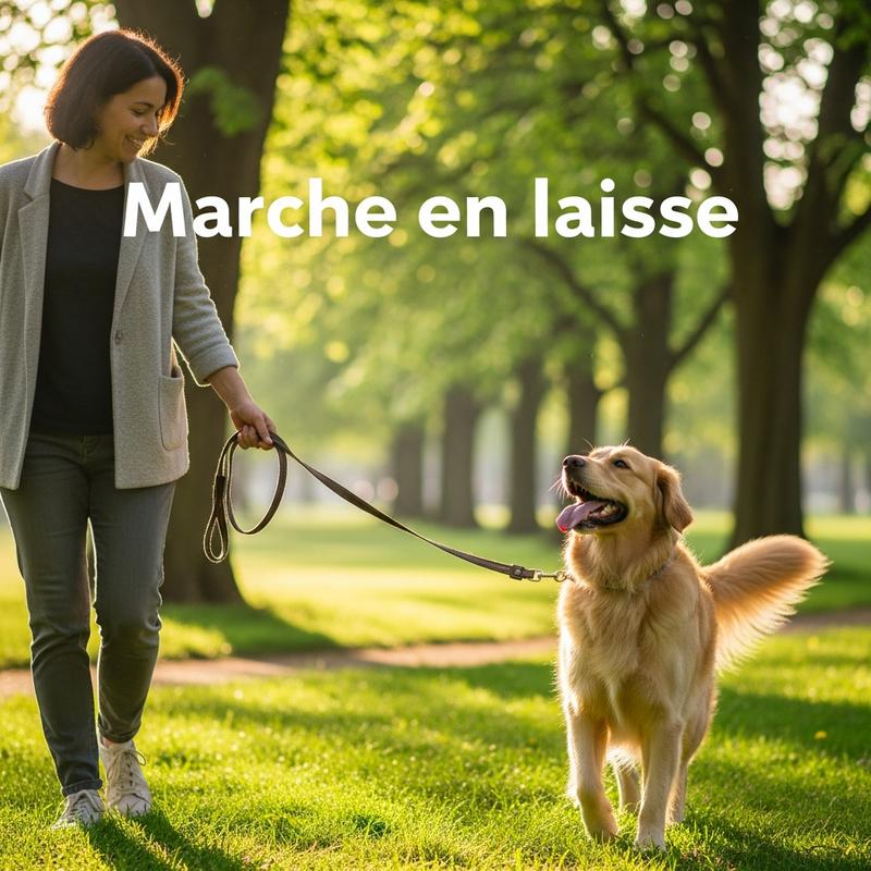 Maître et son chien joyeux marchant en laisse détendue dans un parc ensoleillé, avec le texte superposé Marche en laisse.
