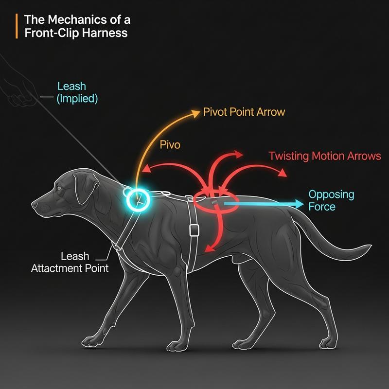 Infographie scientifique d'un chien en marche de profil. Des flèches lumineuses sur l'anneau frontal de son harnais illustrent le point de pivot mécanique et la torsion causés par la traction.