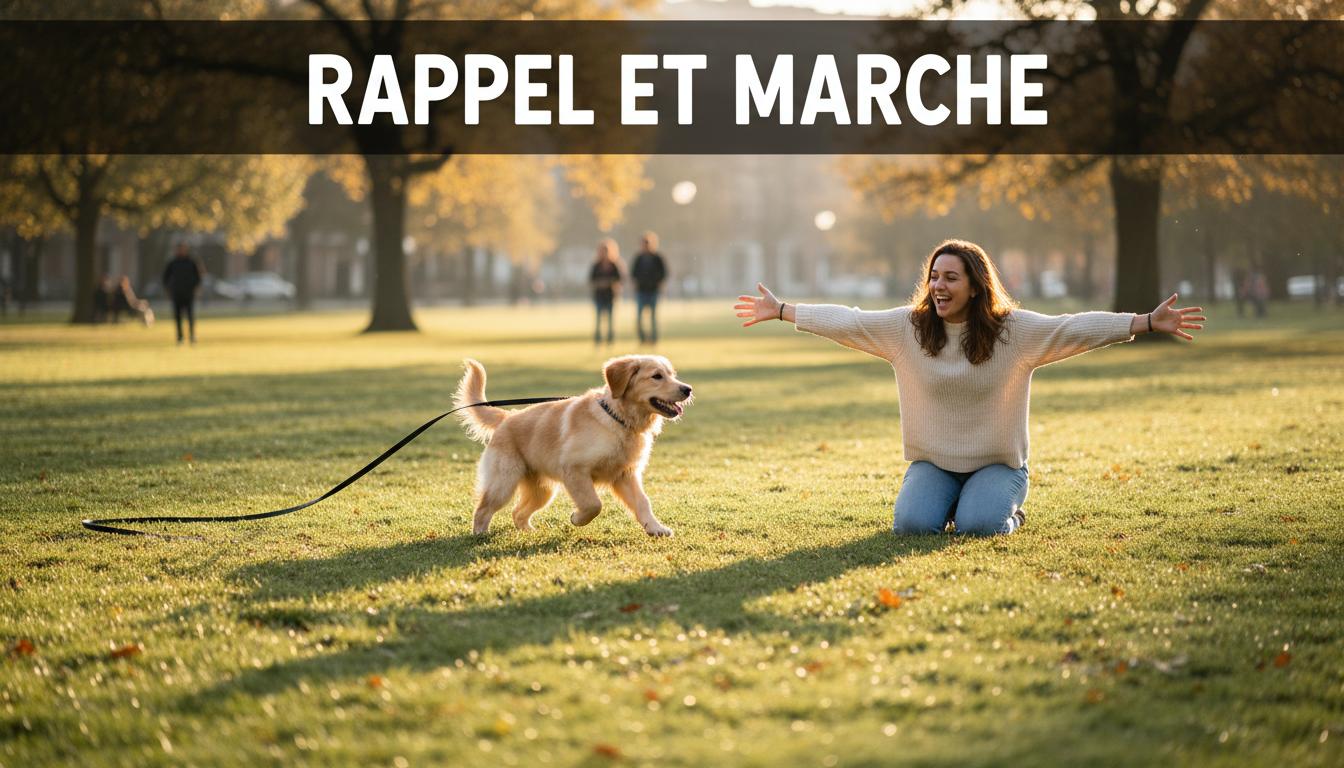 Un jeune chien court dans un parc vers son maître agenouillé les bras ouverts sous une lumière dorée, avec une longe et l'inscription Rappel et Marche.