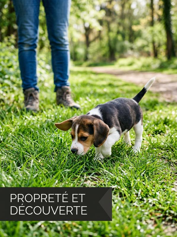 Un chiot Beagle explore l'herbe d'un jardin en la reniflant près d'un humain avec une inscription textuelle Propreté et Découverte en surimpression.