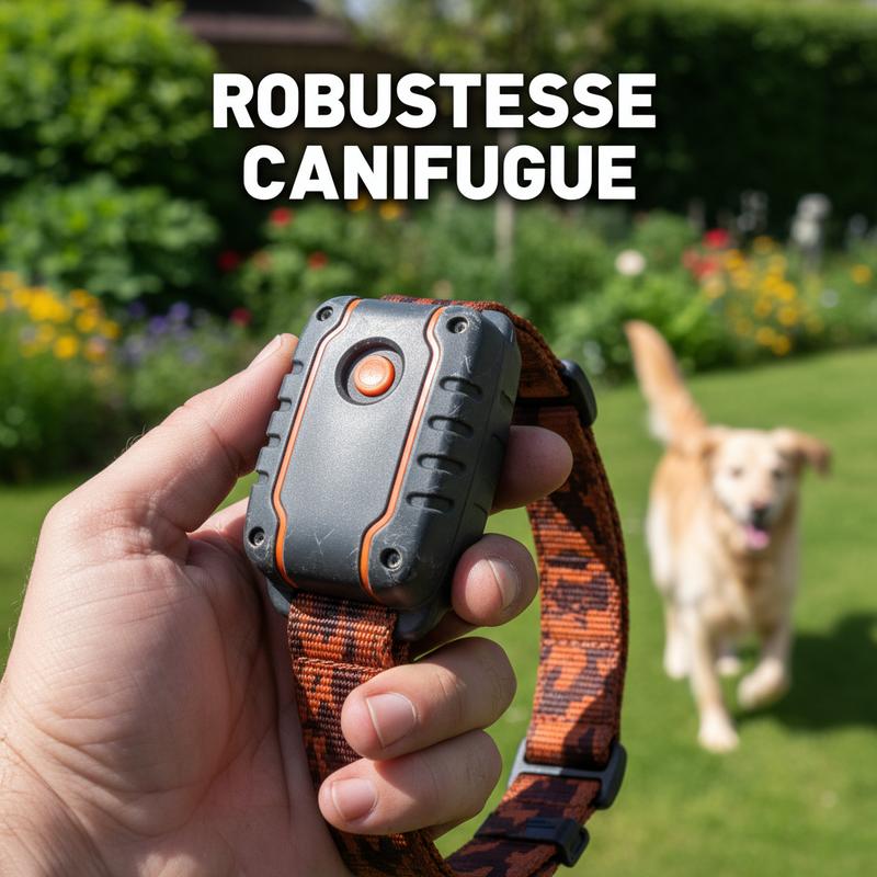 Une main présente un collier Num'Axes Canifugue robuste en gros plan devant un jardin flou où un chien s'amuse, avec le texte promotionnel Robustesse Canifugue.
