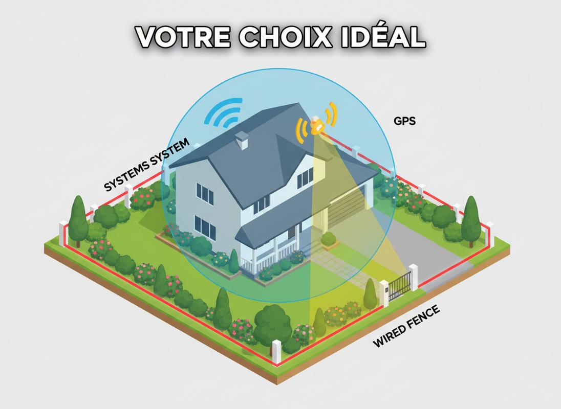 Vue isométrique 3D d'une maison illustrant trois types de clôtures pour animaux par des zones de couleurs différentes et le texte Votre choix idéal.