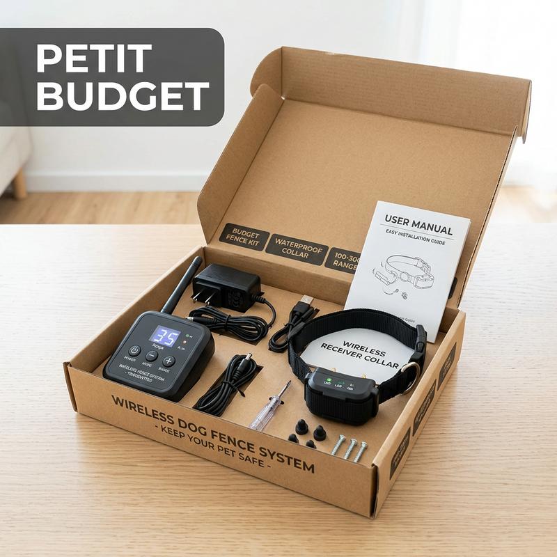 Contenu d'un kit de clôture sans fil pour chien avec boîtier LED et collier en nylon, surmonté du texte PETIT BUDGET en surimpression.