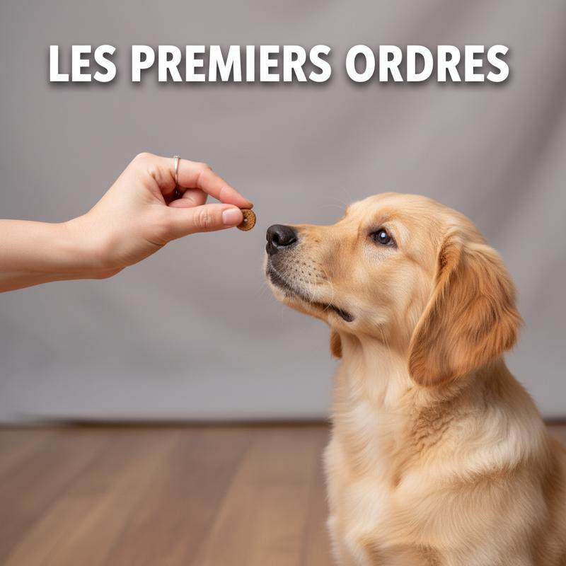Un chiot assis regarde fixement une friandise tenue par une main humaine sur un fond gris neutre avec le texte Les premiers ordres en surimpression.