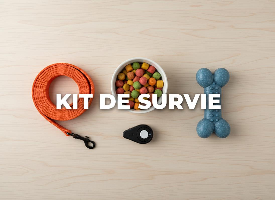 Accessoires de dressage pour chiot avec friandises, longe orange, jouet et clicker disposés sur bois clair sous l'inscription KIT DE SURVIE.