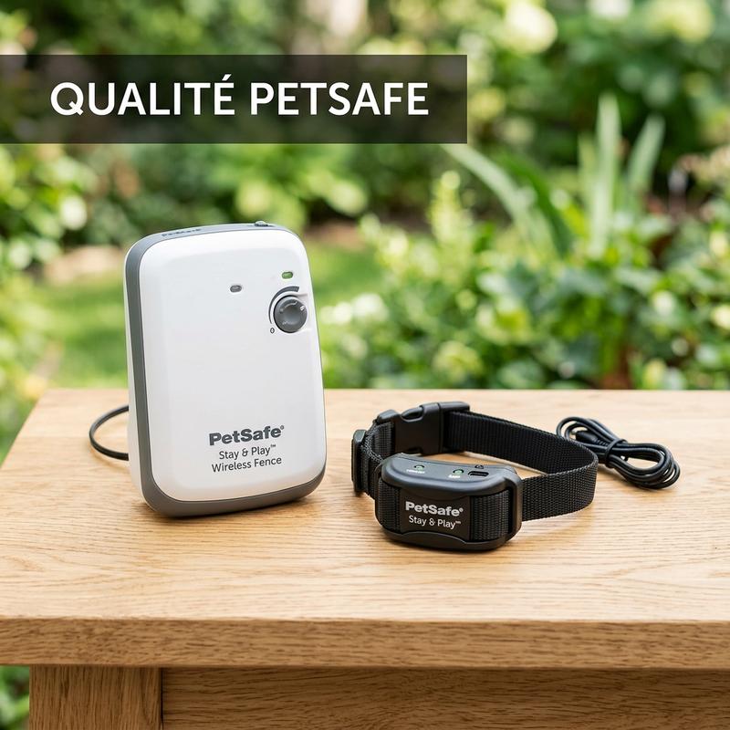 Émetteur sans fil PetSafe Stay & Play et son collier rechargeable posés sur une surface en chêne avec un fond de verdure flou et le texte Qualité PetSafe.
